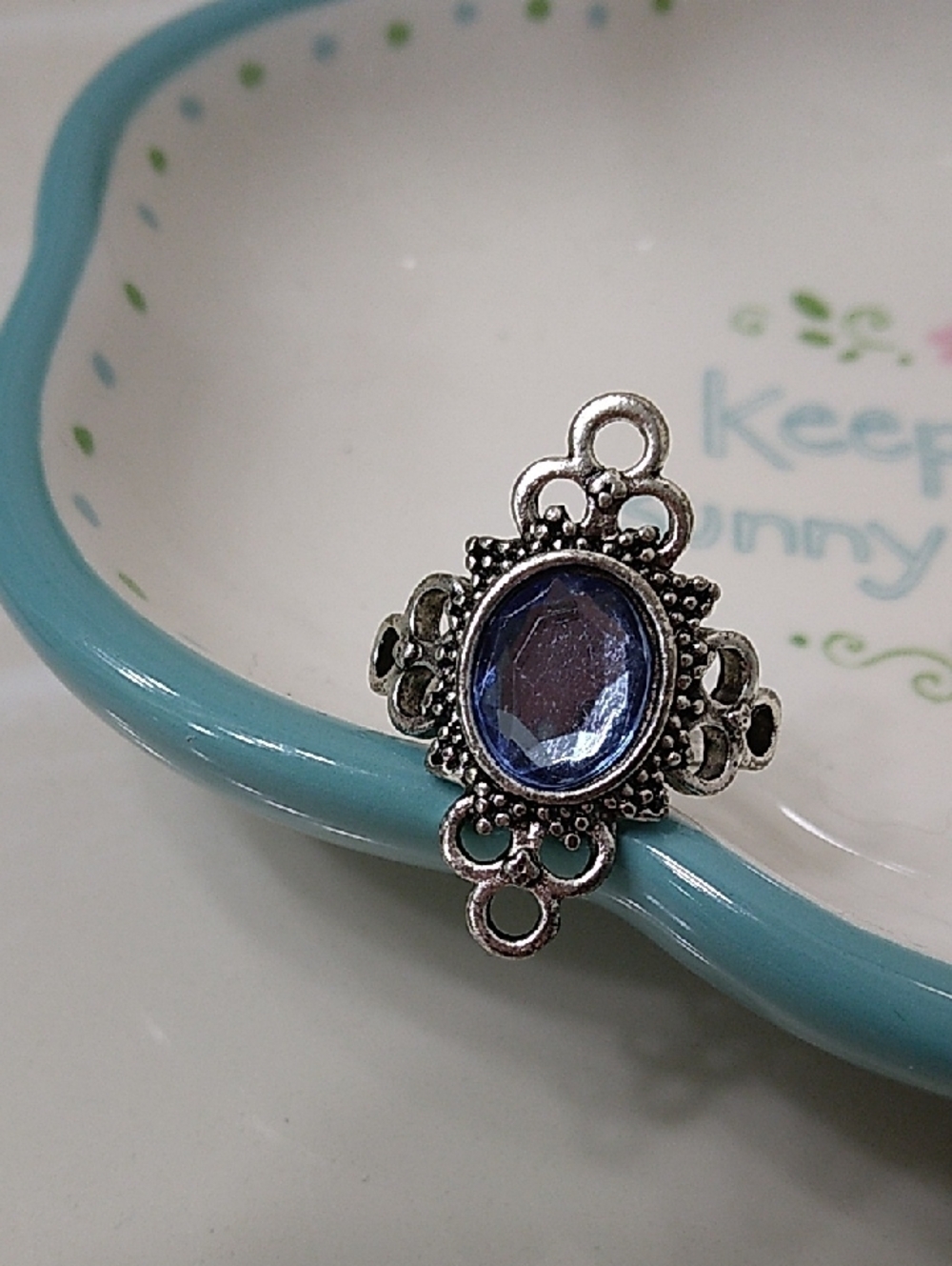 Silver Filigree Ring Size 7 Blue Oval Gemstone
